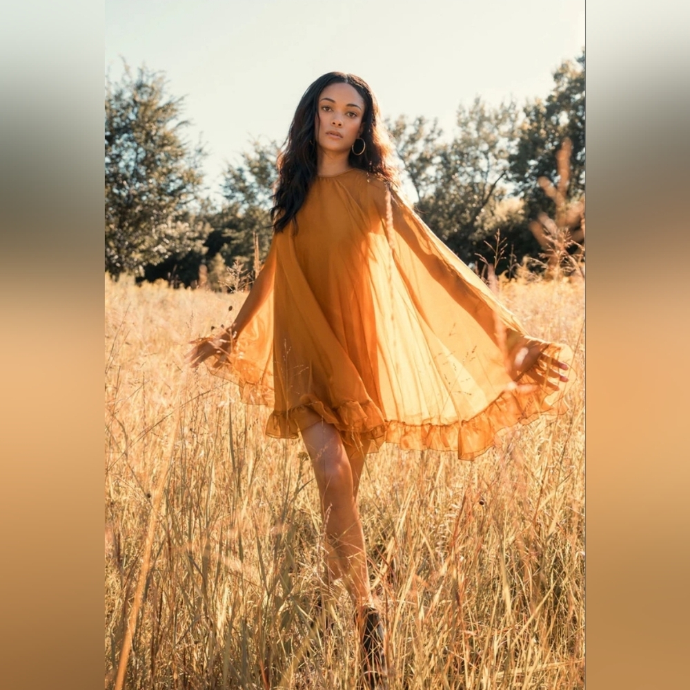 Ieena for Mac Duggal High Neck Ruffle Hem Cape Mini Dress Antique Gold